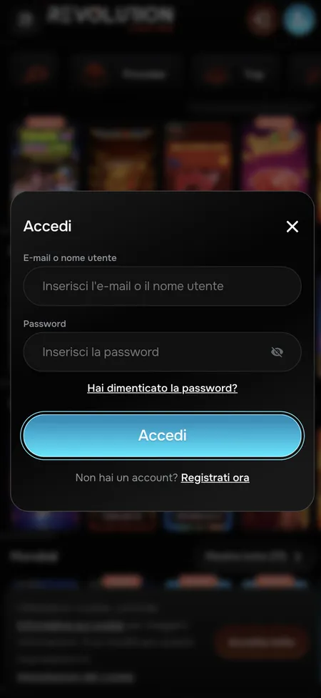 Form di login Revolution Casino con campi email e password