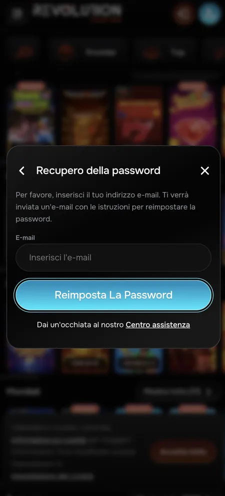 Form recupero password Revolution Casino con campo email