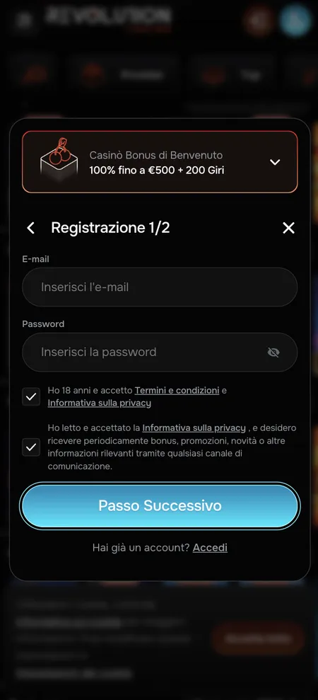 Modulo di registrazione Revolution Casino passo 1